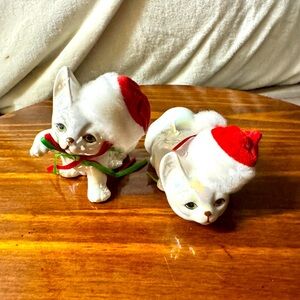 Set Of 2 ENESCO Vintage 1988 Ceramic White Cat Kitten Christmas Santa Figurine